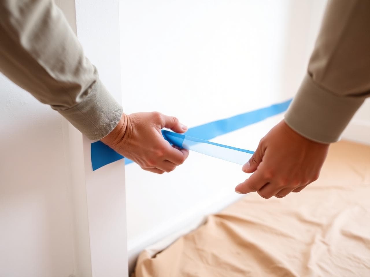 A painter masking trim with painter's tape during prep work